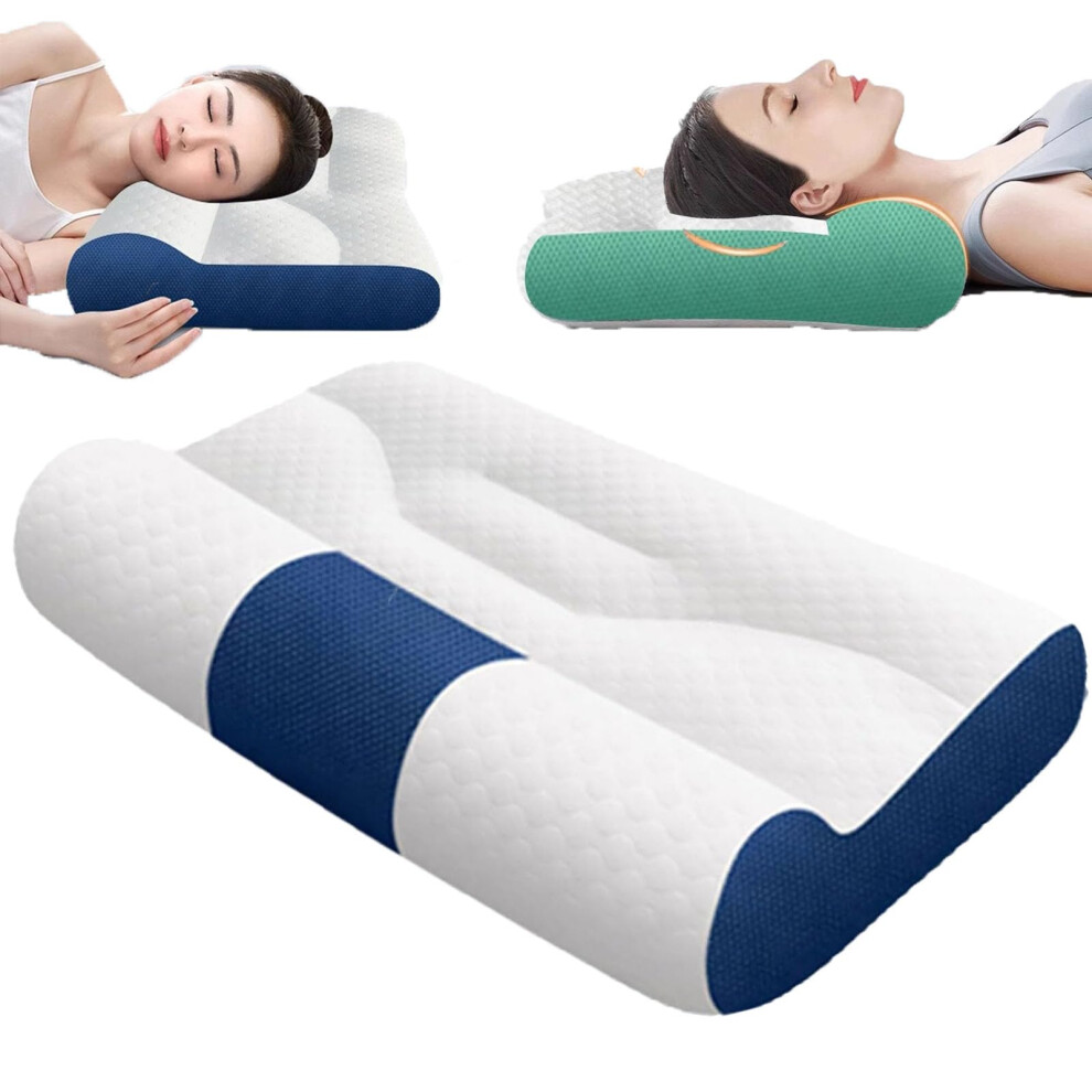 Blue Neck Pillow For Sleeping, Cervical Breathable Fabric Ergonomic Contoured Neck Pillow, Breathable Memory Foam Pillows For Neck Pain Relief (Blue)