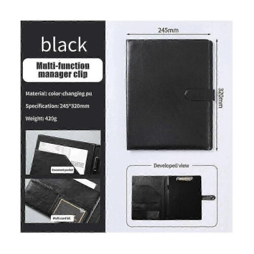 A4 Leather Folder Multifunctional Business Contract Folder with Notes Business Stationery Folder Black - JA 1