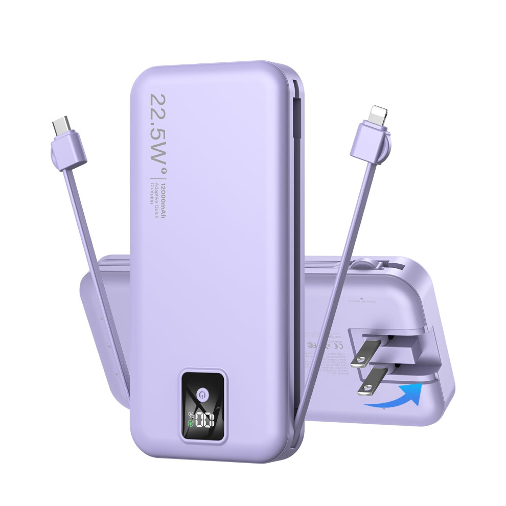 Charger Builtin Cables And Ac Wall Plug, 12000Mah Power Bank, Usb C 22.5W Fast Charging 395291735879