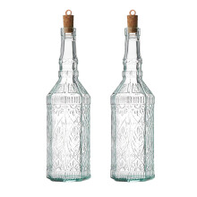 Set Of 2 Country Home Fiesole Bottle, 24ounce With All Natural Cork Lid, Bluegreen Tinted Star Glass, Elegant And Floral Design Made In Italy.