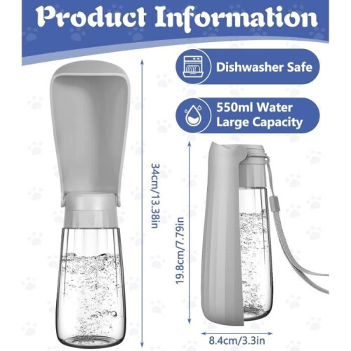 Μπουκάλι νερού για σκύλους 550ml, πτυσσόμενο 180, φορητό, αδιάβροχο, χωρίς BPA 1