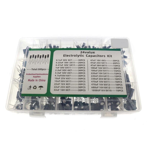 Low Frequency 24 Values Aluminum Multilayer Monolithic Ceramic Electrolytic Capacitor Kit Box 0.1 UF-1000 UF 50V 500pcs 2