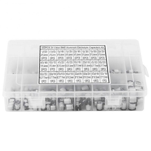 400pcs 24 Values SMD Aluminum Electrolytic Capacitor Assorted Kit (1uF-1000uF) for Circuit Projects