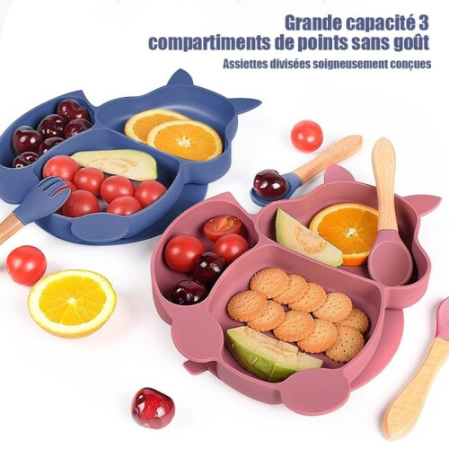 Σετ γευμάτων για μωρά, σιλικόνη χωρίς BPA, παιδικό πιάτο, παιδικά σερβίτσια, ροζ 1