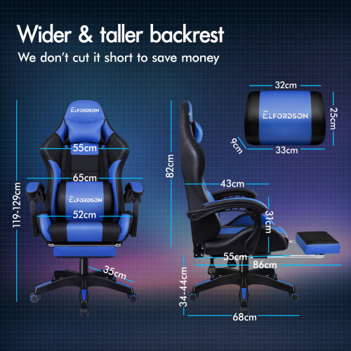 ELFORDSON ELFORDSON Gaming Office Chair Extra Large Pillow Racing Executive Blue 2