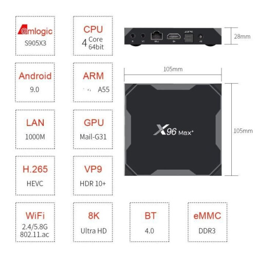 X96 Max Plus Smart TV Box, Android 1000, Amlogic S905x3, Τετραπύρηνος, 4 GB RAM, 32 GB ROM, 2