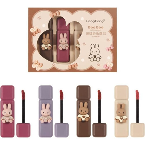 Σετ 4 lip gloss σε σχήμα κουνελιού, υγρό κραγιόν με ματ βελούδινο αφρό, σετ μακιγιάζ