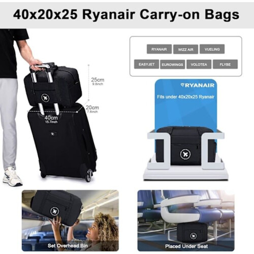Χειραποσκευή Ryanair 40x20x25, Πτυσσόμενη τσάντα ταξιδιού κάτω από τη σέλα, Αδιάβροχη 1
