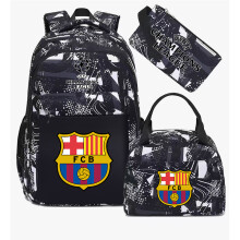 (Gray Barcelona) Football star peripheral backpack student schoolbag three-piece lunch bag pencil bag children men's style