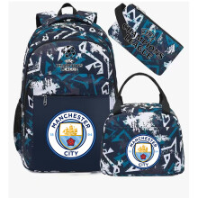 (Green Manchester City) Football star peripheral backpack student schoolbag three-piece lunch bag pencil bag children men's style