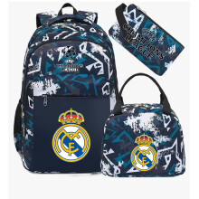(Green Real Madrid) Football star peripheral backpack student schoolbag three-piece lunch bag pencil bag children men's style