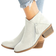 (40, Beige) Women's Block Heel Ankle Boots Zipper Chelsea Booties Shoe Best Gift