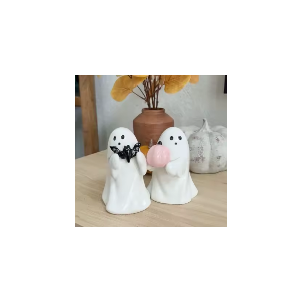 2x Halloween Ghost Ornament Ghost Holding Pink Pumpkin Bat Resin-image-OPC-PHXZDXN-NEW