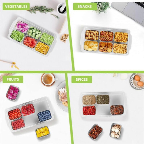 Snacks Box Container, Stainless Steel Divided Serving Tray with Lid and Handle, 6 Compartment Porta 2