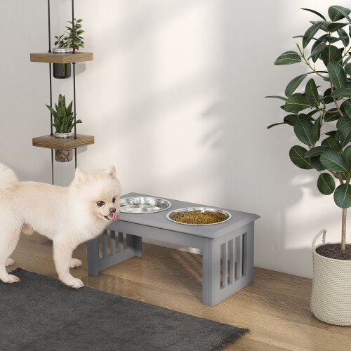 PawHut Raised Dog Bowls Pet Feeder Raised Elevated Stainless Steel Food Grey