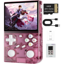(G350 Transparent Pink-new) G350 Retro Handheld Game Console , 3.5 Inch IPS Screen Linux System Built-in 64G TF Card 4371 Games Preloaded Game Console 3200mAh Battery
