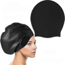 (Black) Long Silicone Swim Cap for Adults with Long Hair, Large Waterproof Swimming Cap for Braids & Dreadlocks - Women's Swim Cap