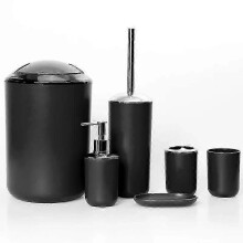 (Black) 6PCS Bathroom Accessories Set - Toothbrush Holder, Soap Dispenser, Cup, Toilet Brush, Trash Can & Plastic Tumbler for Washroom