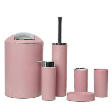 (Pale Pink) 6PCS Bathroom Accessories Set - Toothbrush Holder, Soap Dispenser, Cup, Toilet Brush, Trash Can & Plastic Tumbler for Washroom