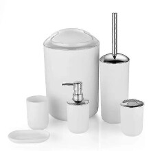 (White) 6PCS Bathroom Accessories Set - Toothbrush Holder, Soap Dispenser, Cup, Toilet Brush, Trash Can & Plastic Tumbler for Washroom