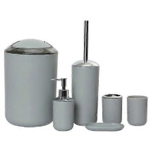 (Grey) 6PCS Bathroom Accessories Set - Toothbrush Holder, Soap Dispenser, Cup, Toilet Brush, Trash Can & Plastic Tumbler for Washroom