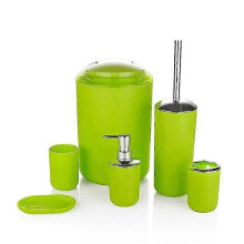 (Green) 6PCS Bathroom Accessories Set - Toothbrush Holder, Soap Dispenser, Cup, Toilet Brush, Trash Can & Plastic Tumbler for Washroom