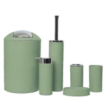 (Morandi Green) 6PCS Bathroom Accessories Set - Toothbrush Holder, Soap Dispenser, Cup, Toilet Brush, Trash Can & Plastic Tumbler for Washroom