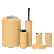 (Morandi Yellow) 6PCS Bathroom Accessories Set - Toothbrush Holder, Soap Dispenser, Cup, Toilet Brush, Trash Can & Plastic Tumbler for Washroom