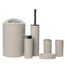 (Beige) 6PCS Bathroom Accessories Set - Toothbrush Holder, Soap Dispenser, Cup, Toilet Brush, Trash Can & Plastic Tumbler for Washroom