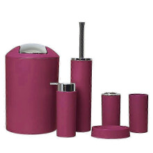 (Wine Red) 6PCS Bathroom Accessories Set - Toothbrush Holder, Soap Dispenser, Cup, Toilet Brush, Trash Can & Plastic Tumbler for Washroom