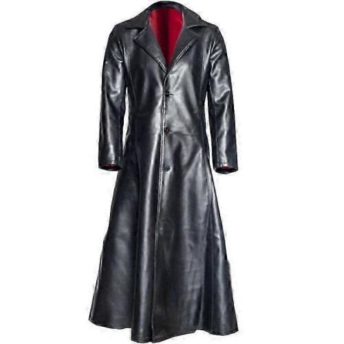 (L, black) Men's Plus Size Solid Color Lapel Slim Fit PU Leather Jacket Long Coat