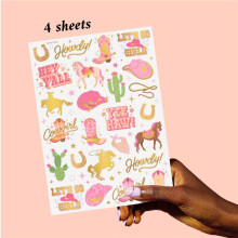 (4 Sheets) Golden Foil Cowboy-Themed Temporary Tattoos - 50 Sparkling Styles for Western-Themed Party Decorations, Cowgirl, Birthday Party Decor, Gifts
