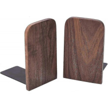 Vintage Wooden Bookends with Metal Base - 2 Pcs Heavy Duty Black Walnut Book Stand for Shelves