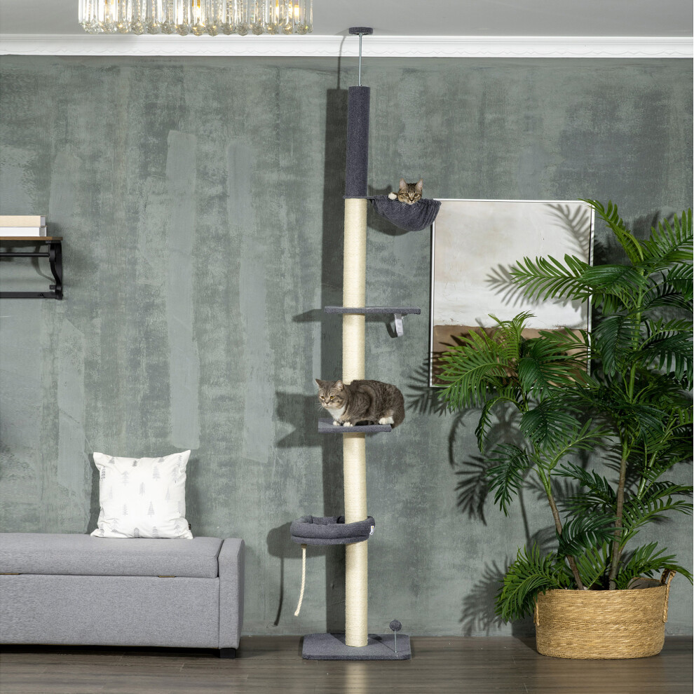 Pawhut 5 Tier Cat Climbing Tower, 240-270Cm Height Adjustable, Dark/Grey