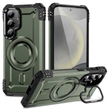(Army Green) Galaxy S24 Magnetic Case with Lens Kickstand - Shockproof PC TPU Phone Cover in Red