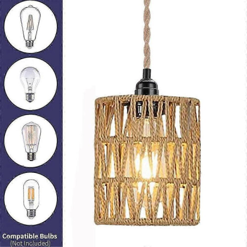 Boho Plug in Pendant Light with Rattan Shade, Hanging Ceiling Lamp with Cord 2