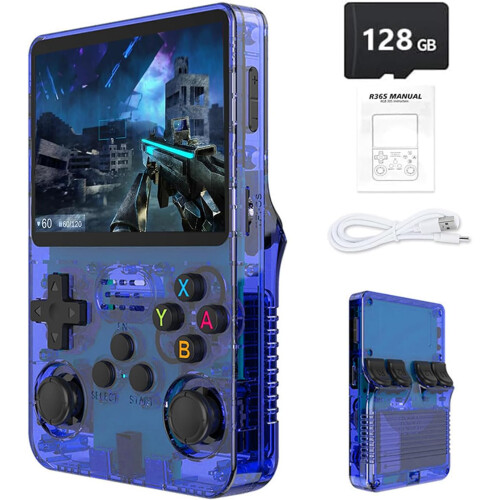 (Blue-128G) R36S Retro Handheld Game Console with 3.5" IPS Display,64/128GB and 21,000 Classic Games, Open Source Linux System,Screen Portable Pocket Video Player