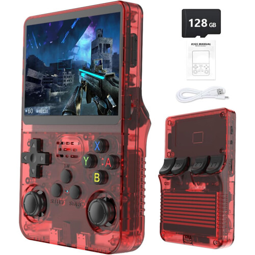 (Red-128G) R36S Retro Handheld Game Console with 3.5" IPS Display,64/128GB and 21,000 Classic Games, Open Source Linux System,Screen Portable Pocket Video Player