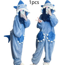 (Robe Only, L) Cartoon Cute Shark Women's Hooded Sleepwear Kigurumi Unicorn Winter Cosplay Pijama jumpsuit Female Christmas Party Loungewear