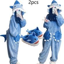 (Robe and Slipper, S) Cartoon Cute Shark Women's Hooded Sleepwear Kigurumi Unicorn Winter Cosplay Pijama jumpsuit Female Christmas Party Loungewear