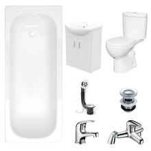 Nes Home Bath Suite 1700mm Bath, 550mm White Basin Vanity, Toilet, Taps & Wastes