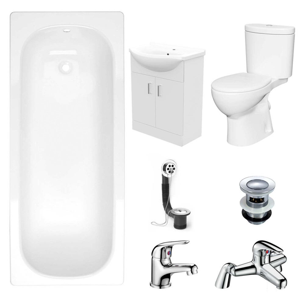 Nes Home Bath Suite 1700Mm Bath, 550Mm Basin Vanity, Toilet, Taps & Wastes White
