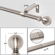 (Brushed Silver - Plain Ball, 160-300 cm (63" - 118" In)) Extendable Heavy Plain Ball Metal Curtain Pole 28mm Eyelet Rail With Rings Fittings Finials
