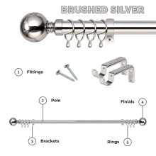 (Brushed Silver - Plain Ball, 70-120 cm (28" - 48" In)) Extendable Heavy Plain Ball Metal Curtain Pole 28mm Eyelet Rail With Rings Fittings Finials