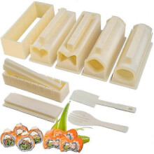Upgraded Sushi Making Kit Deluxe Edition with Complete Sushi Set 10Pieces Plastic Sushi Maker Tool Complete with 12 Sushi Rice Roll Mold Shapes Fork