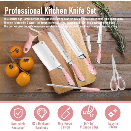 9-Piece High Carbon Stainless Steel Knife Set with Block for Kitchen Rust Proof Non-Stick Coated Ergonomic 1