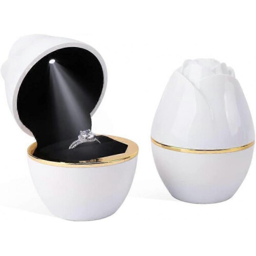 (white) Ring Box with LED Light Rose Jewelry Ring Case Jewellry Display Gift Boxes for Proposal Wedding Ring Box