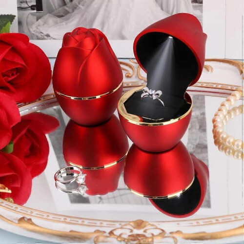 (red) Ring Box with LED Light Rose Jewelry Ring Case Jewellry Display Gift Boxes for Proposal Wedding Ring Box 2