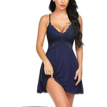 (Navy Blue, Large) Avidlove Women Babydoll Nightgown Chemises Lace Modal Sleepwear V-neck Full Slip Sleep Dress
