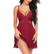 (Dark Red, X-Large) Avidlove Women Babydoll Nightgown Chemises Lace Modal Sleepwear V-neck Full Slip Sleep Dress